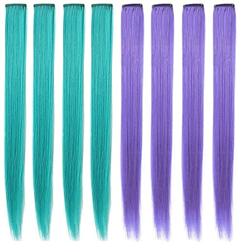 MQY COLOR 8 PCS 21'' Bunte Haarschmuck Perückenteile Clip in Farbige Haarverlängerungen für Mädchen Party Highlights Synthetische Bunte Haarteile für Mädchen Damen (lavender türkis)