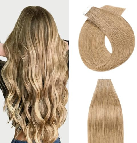 Silk-co Tape Extensions Echthaar 20stk, Haarverlängerung Tape in Extensions Echthaar, Remy Haarextension Kleber Skin Weft Tape Ins, 40g 27# Dunkelblond 35cm