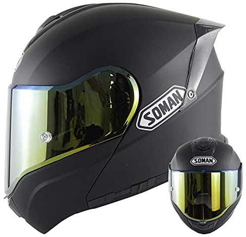 Full Face Flip Up Doppelvisier Motorradhelme Modularer Doppelvisier Motorradhelm DOT/ECE-zugelassener Motorradhelm Matt-Schwarz Street Bike Scooter Leichter Sturzhelm Golden Lens,4XL