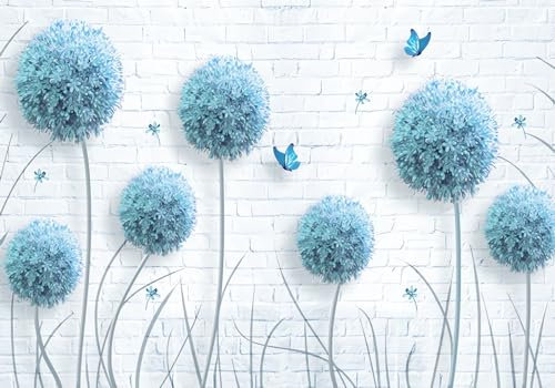 Wesmilewallpaper Papier Peint Panoramique Bleu Pissenlit Fleur Papillon Blanc Géométrique Mur De Briques Salon Chambre 150x105cm 3D Intissé Soie Poster Geant Mural