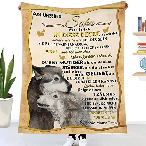 Personalisierte Kuscheldecke An unsere Sohn von Eltern,Deutsche An Meine Sohn Decke Von Mama und Papa,Briefdecke Nachricht Luftpost Wohndecke Couch Bett Tv-Decken（Eltern zu Sohn,150×220）
