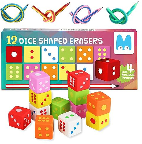 Magicat Würfel Radiergummi Set I 12 Stück Radiergummis Würfel für Kinder I 4 Biegebleistifte I Cooles Geschenk Einschulung Mädchen und zur Einschulung Junge, kreativer Schultütenfüller