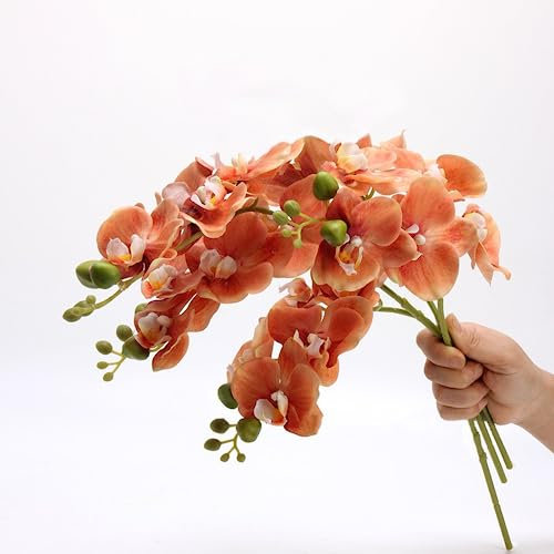 CLoxks Fiori artificiali di orchidea Phalaenopsis in lattice realistici al tatto, 45 cm, con 5 fiori grandi, per vasi e decorazioni per la casa e il giardino, 4 pezzi, arancione
