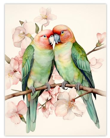 Artery8 Birds Of A Feather Love Birds Perched On A Cherry Bloom Large Wall Art Poster Print Thick Paper 18X24 Inch