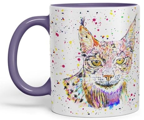 Vixar Lynx Cat Animal Watercolour Art Coloured 330 ml Mug Cup Gift Birthday Work Office Tea Coffee (Purple)