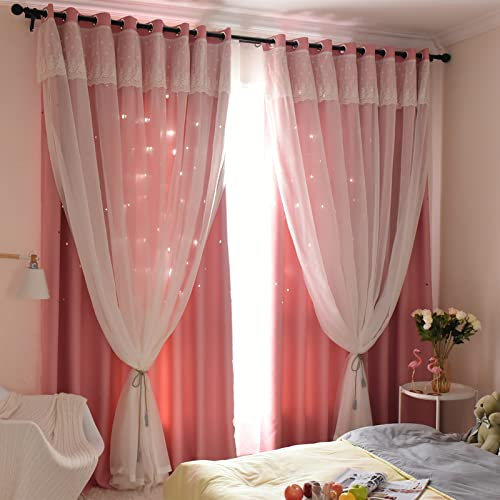Freyamy 2er-Set Gardinen Mädchen Rosa Glänzend Sterne Spitze Vorhänge mit Ösen Halbtransparent,Kinderzimmer Vorhang für Schlafzimmer Wohnzimmer Verdunkelungsvorhang 210 x 132 cm (HxB)