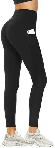 DDOBB Leggings Damen High Waist Sportleggins Lang Schwarz Leggins Blickdicht Bauchweg Sporthose Elastisch Yogahose Gym Festival Outfit(#02-Schwarz-mit Tasche, (DE58-60)=4XL)