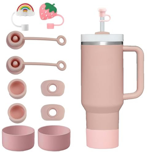 CONQUERALL Set Protector Taza Rosa Tapón Pajita Tapón Fugas Funda Silicona para Taza Stanley Universal