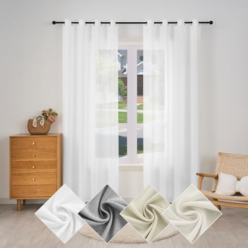 WOLTU Gardine mit Ösen, Vorhang für Wohnzimmer Schlafzimmer, Leinenoptik, Halbtransparent, modern, 135 x 245 cm, Weiß