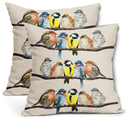 Ölgemalte Vogel-Kissenbezüge, 40,6 x 40,6 cm, rustikale Vögel, Baumzweige, dekorative Kissenbezüge, Wildtiere, Frühling, Sommer, Baumwollleinen, Überwurfkissen, 2er-Set, Heimdekoration für Sofa,