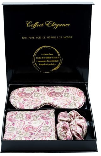 Ade’Soie | Coffret Cadeau Femme en 100% Soie de Mûrier 22 Momme 6A | Taie d’Oreiller 65x65 cm + Masque de Nuit + Chouchou | Imprimé Paisley | Anti-âge & Anti-frisottis