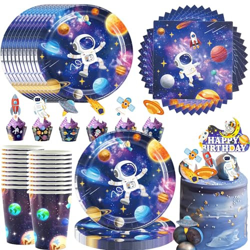73PCS Astronaut Birthday Party Tableware Set, Children's Party Decoration Supplies, Happy Birthday in Space Cake Fork Dinner Plate Paper Cups Paper Napkins (20 People)