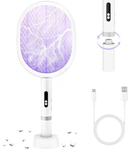 PALONE 4000V Electric Fly Swatter, 1800mAh USB-C Rechargeable Bug Zapper Racket, Handheld and Standing 2in1 Insect Pest Fly Killer, Detachable Mosquito Swatter, Bug Cather for Indoor Outdoor (1 Pack)