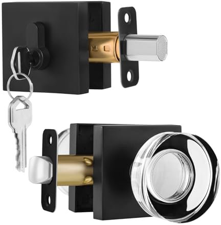 naubea Pomo de puerta de vidrio con cerrojo, manija de puerta delantera negra mate y juego de cerrojo de seguridad, pomo de puerta exterior negro con cerradura de seguridad, cerrojo con cerradura y