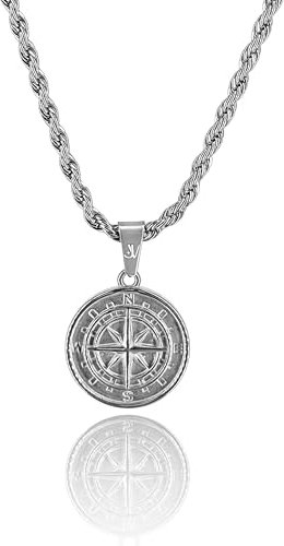 JVillion Compass Pendant Necklace Men North Star 3mm Rope Chain Silver Waterproof Streetwear Jewelry Non-Fading Gift Idea (60cm)