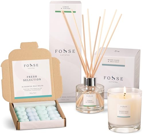 Fosse Living The Fresh Bundle: Fresh Selection Wax Melts, Lemon & Juniper Reed Diffuser (100ml) and Wood Sage & Sea Salt Candle (30cl) - The Gift for Every Occasion
