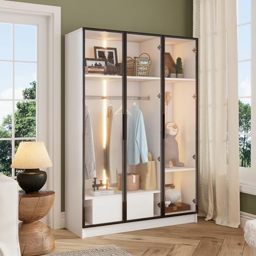 Soweiz Amplio armario blanco con 3 puertas de cristal, 1 cajón y 1 barra para colgar ropa, 110 x 50 x 160 cm, con luz LED, amplio almacenamiento