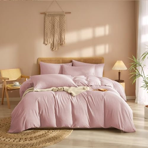 Luowei Housse de Couette Rose Coton 220x240 cm Parure Lit 2 Personnes Microfibre Parure de Lit Adulte Lin Ultra Douce avec 2 Taies Oreiller 65x65 cm et Fermeture Éclair