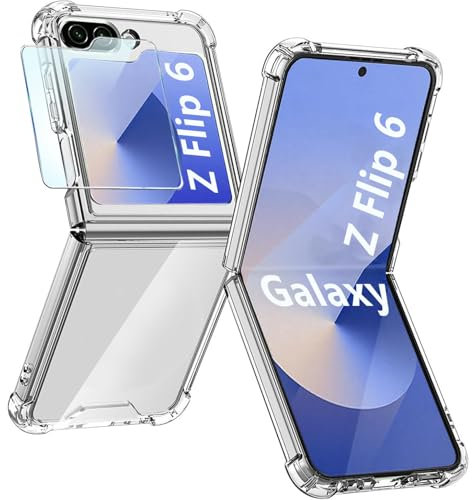 Z Flip 6 Clear Cover per Samsung Galaxy Z Flip 6 5G con Front Vetro Temperato per Samsung Z Flip 6 Custodia Slim Soft Cover Rigida PC Bumper Antiurto per Galaxy Z Flip 6 Case - Trasparente