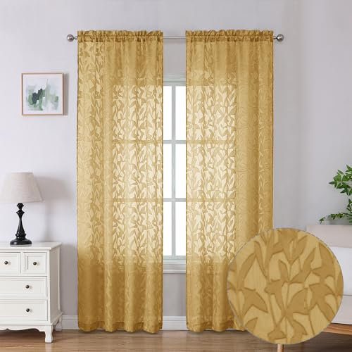 Lecloud Leia Dark Gold Sheer Curtains 90 Inches Long 2 Panels, Textured French Door Dual Rod Pockets Curtains, Farmhouse Leaf Living Room Bedroom Drapes Window Treatments, 40 W x 90 L