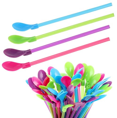 100 cannucce a cucchiaio, cono di paglia staccabile, cannucce lunghe riutilizzabili per ghiaccio, caffè, frullati, creme, cannucce in plastica dura, colori assortiti