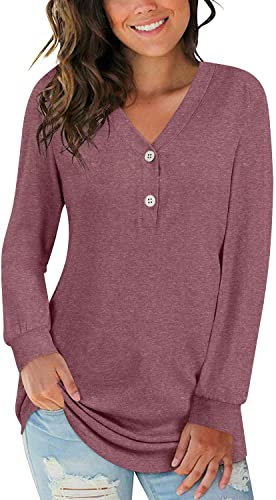 BISHUIGE Womens Button Up Tshirts Long Sleeve Henley Tunic Tops V Neck Casual Sweatshirt M, Brown Red