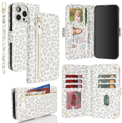 SailorTech for iPhone 12 Pro Max Phone Case Wallet with Card Holder for Women, iPhone 12 Pro Max Wallet Case with Credit Card Slots Flip Case Zipper Shockproof Case for Men - White Leopard