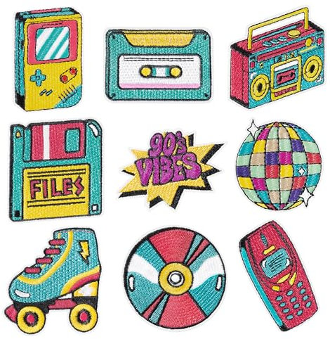 9Pcs Retro 80s 90s Iron on Patches Vintage Hip Hop Neon Disco Roller Skate Sew on Repair Embroidered Applique Back to the 80's 90's Vibes Nostalgic Rock Hippie DIY Craft Gift for Clothing Backpack Hat