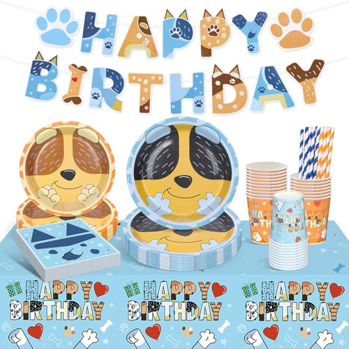Juego de vajilla de fiesta de cumpleaños infantil, 82 unidades, color azul y azul, decoración de cumpleaños, mantel de cumpleaños infantil, servilletas y vasos para 20 invitados