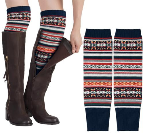 AUYAO Winter Stulpen Damen Winter Beinstulpen Retro Gestrickte Beinwärmer Stricken Häkelarbeit Lange Leg Warmers Herbst Legwarmer Mädchen Knöchelwärmer Stiefel Boot Abdeckung Winterwärmer (Marineblau)