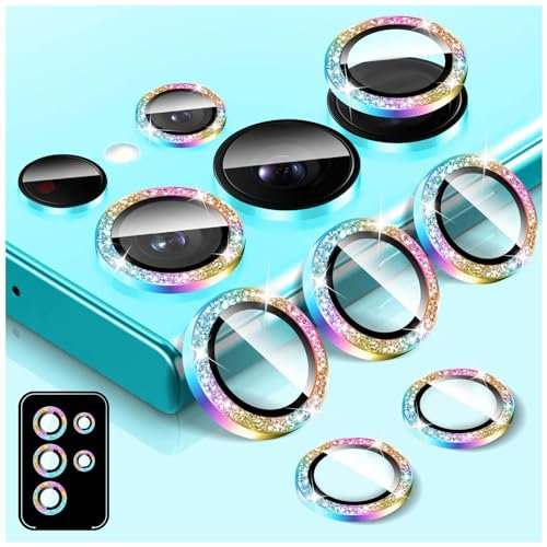 Kucheed Protecteur D'objectif D'appareil Photo à Paillettes pour Samsung Galaxy S22 Ultra, 9H Couvercle de Caméra en Verre Trempé Anneaux Métalliques Individuels à Alignement Automatique