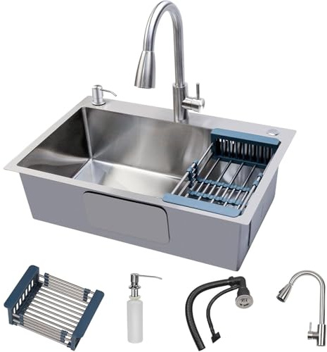 Lavello Cucina 1 Vasca Acciaio Inox con Rubinetto Cucina Doccetta Estraibile, Grande Lavandino Cucina multifunzione con Gocciolatoio,Lavello Cucinain Acciaio Inox con Dispenser sapone, Scolapiatti,