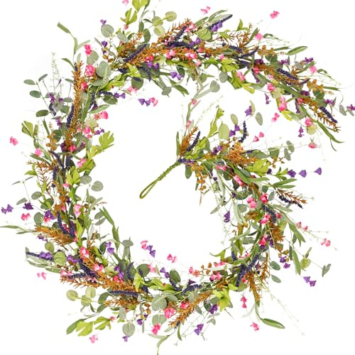 HOHOTIME Lavendelblumen-Girlande mit Wildblume, violett-rosa Eukalyptusranke, künstliche Sommer-Frühlingsgirlande für Kaminsims, Hochzeitsbogen, Veranda, Fenster, Innendekoration, Heimdekoration
