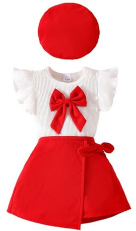 HEOXIN Baby Mädchen Röcke Kleidung Set, Neugeborene Baby Fliegend Ärmel Groß Schleifenknoten Dekoration Bekleidungssets, Baby Klamotten Rot Dehnbar Elastic Rock Baby Mütze Outfit Set, 18-24 Monate