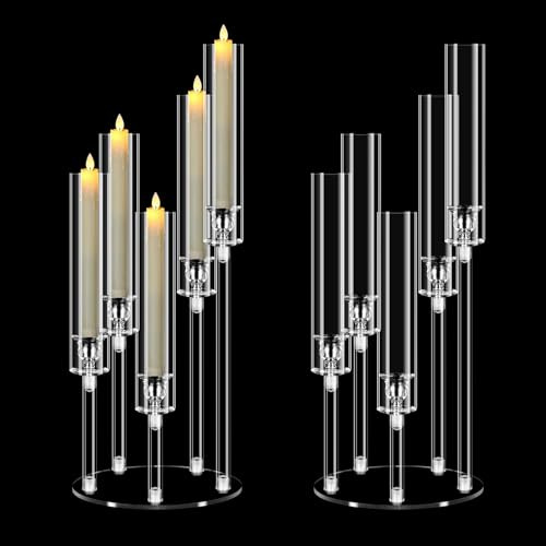 Juego de 2 Candelabros de Acrílico Altos 58 cm, Portavelas de 5 Brazos para Bodas y Centro de Mesa de Navidad, Decoración Transparente para Chimenea y Fiestas, para Velas LED 2 cm