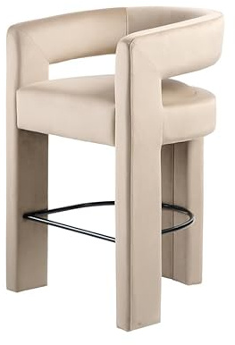 MY Furniture Santini Counter Stool - Taupe/Luxury Designer Bar Stool - Upholstered Seat, Sculptural Curved Back, Modern Three-Leg Design, Stylish Counter Height Chair for Kitchen, Dining & Bar