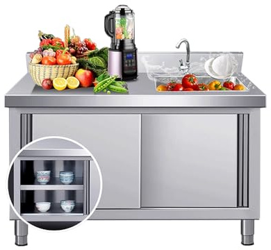 BAYTEWJX Mobiles Küche Spültisch Spüle mit Unterschrank Arbeitsplatzwaschbecken mit Abfluss und Fallrohr mit Wasserhahn Lagerregale für Hotels Restaurants Küchen Waschküche Garage.(100x50x80.1cm)