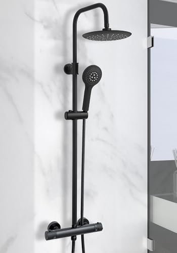 sanicomfort Duschsystem Schwarz mit Thermostat | Regendusche Ø23 cm & Handbrause | Verstellbare Duschstange 80–128 cm | Komplettset Duscharmatur Modern