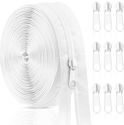 Aerzouser Endlosreißverschluss mit Zipper,#3,10 Meter Reißverschluss Meterware,Bringen Sie 10 mit Zipper,Nylon Reisverschluss Endloses,Reißverschluss,Geeignet für Kleidung, Bettwäsche usw(Weiß, #3)