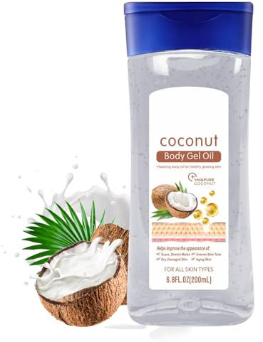 Coconut Body Oil Gel – Essential Oils for Skin, Hydrating Body Oil for Women for Dry Skin, Body Moisturiser with Collagen, Fast Absorbing Massage Oil for Glowing Skin, Scars & Stretch Marks, 200ml