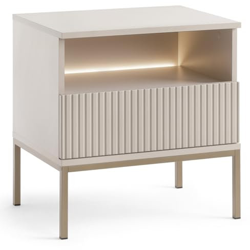 Emporius Haller Nachttisch Beige - Nachtschrank mit LED, hohen Beinen, Schublade und Lamellen - 54 cm breit - Nachtkästchen, Beistellschrank Modern, Elegant