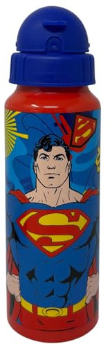 CARTOON Botella Aluminio con Pajita Botella 550ml Accesorio Infantil (Superman, Azul)