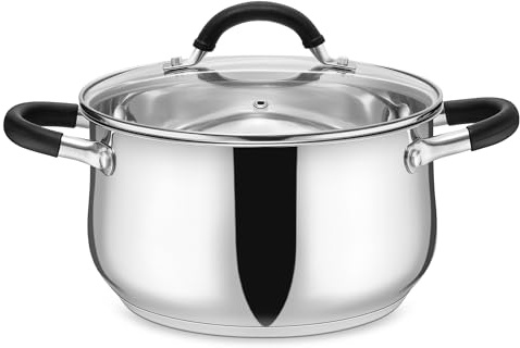 E-far 5Qt Stainless Steel Pot, Stock Pot with Glass Lid for Cooking Pasta Soup Sauce, Tri-Ply Induction Thick Base & Cool-Touch Handles, All Stoves & Dishwasher Safe