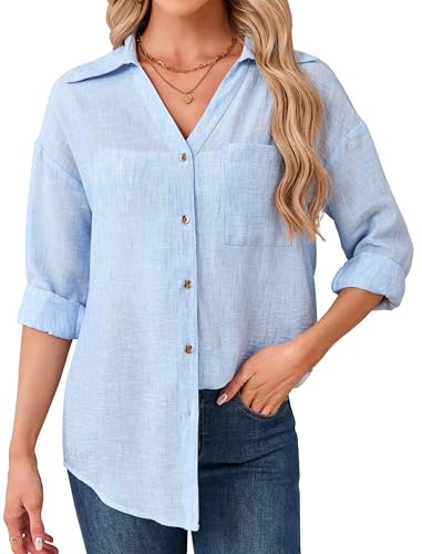 Enmain Womens Linen Shirts Long Sleeve Summer Casual V-Neck Shirts for Women UK Button Down Ladies Blouse Solid Colour Breathable Lightweight Cotton Linen Tops for Beach Vacation Work Office S-3XL