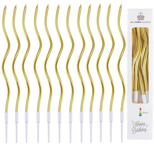 ZHAOYCSH 36 Stück Spiral Geburtstagskerzen, Gebogen Kuchen Kerzen Metallisch Dünn und Lang mit Halter –Dekoration für Geburtstagskuchen, Hochzeitsparty, Cupcakes und Feiern (Metallisch Gold)