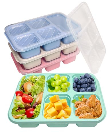 4 Stück Snackbox 1300ml mit 5 Fächern, BPA-frei & Leckdicht, Wiederverwendbare Lunchbox für Kinder und Erwachsene, Snack-Behälter mit Deckel, Snackdose Ideal für Büro, Schule, Reisen, Meal Prep ﻿