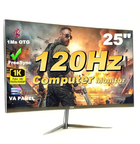 ZZA 24.5 120Hz Curved Gaming Monitor | FHD 1080P Frameless Design, AMD FreeSync, Low Motion Blur, Eye Care Technology, DisplayPort and HDMI Connectivity, Compatible