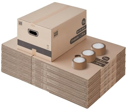 Pack and Move - 50 Stück Umzugskartons zur Aufbewahrung M – 60 x 40 x 30 cm – verstärkte Griffe – 3 Aufkleber gratis