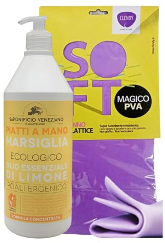 Detergente Piatti a Mano Ecologico di Marsiglia Ipoallergenico con Olio Essenziale di Limone, 750ml + Panno SOFT In Lattice (PIATTI A MANO(1 Unità+Panno))