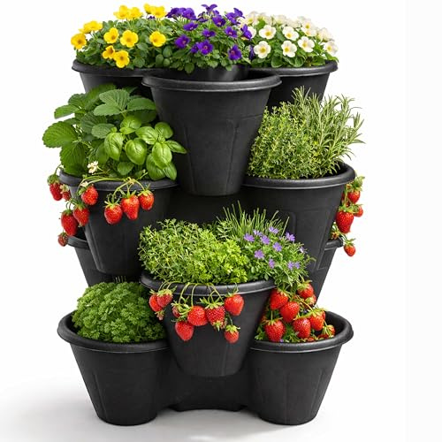ALAYSTAR Pack of 4 Stackable Strawberry Planter Pots Vertical Garden Trio Planters Terracotta Durable Plastic Herb Flower Containers Indoor Outdoor Balcony Patio Space Saving Plant Pots (BLACK)